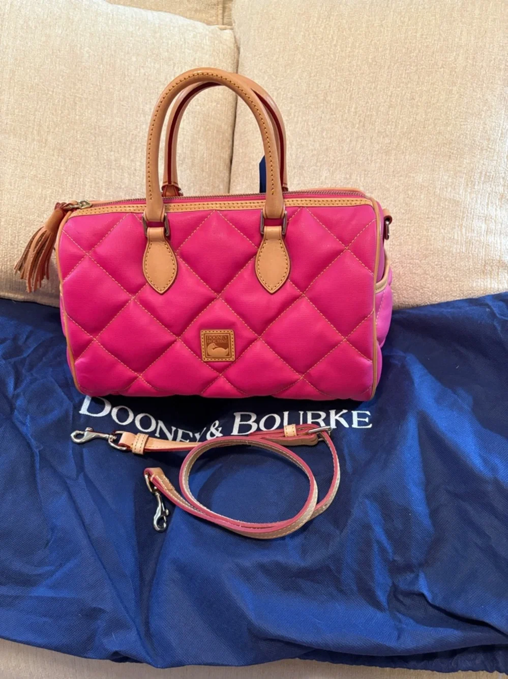 Dooney & Bourke Fuchsia Quilted Satchel with Tan Leather Trim - Picture 11 of 12